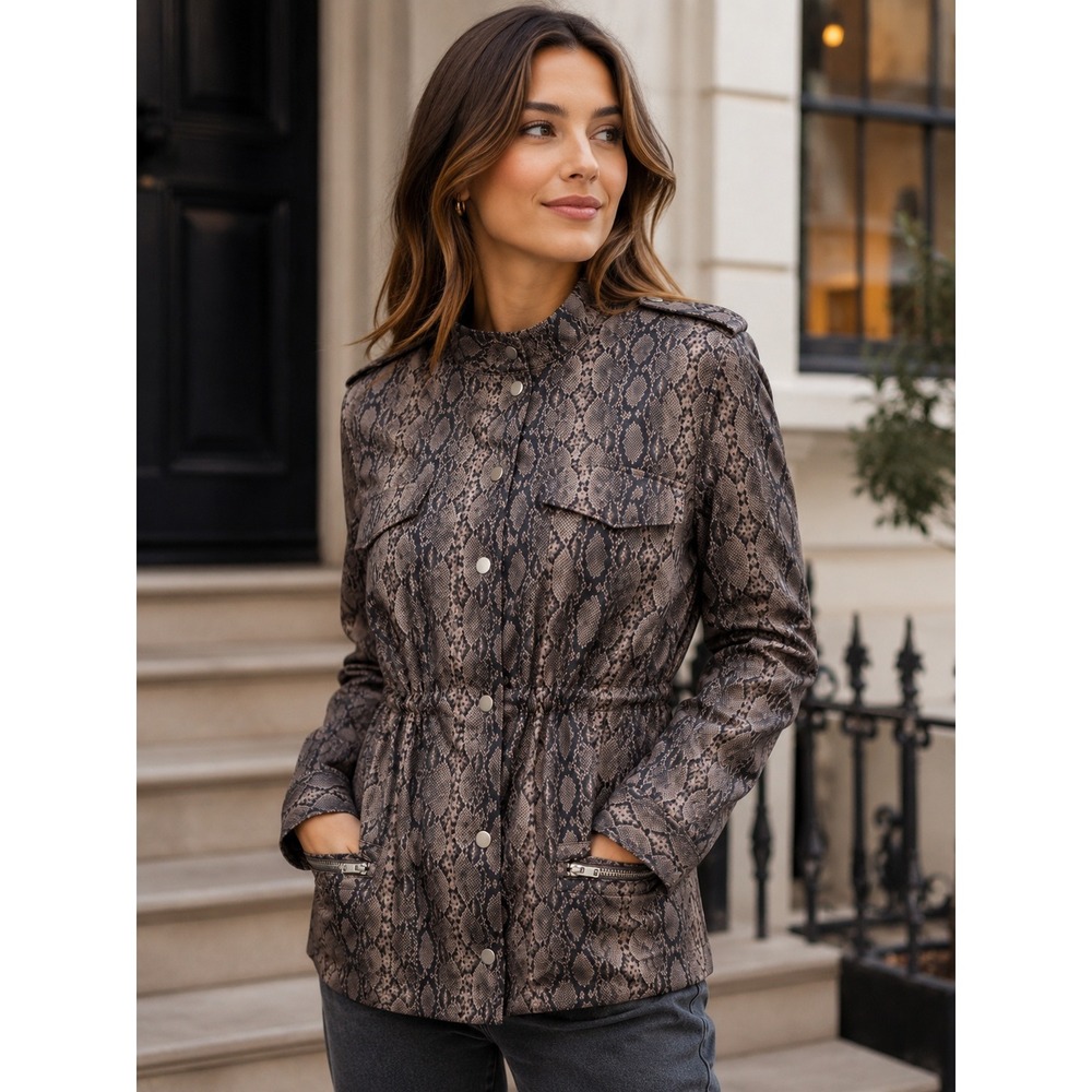 Michael Kors Snakeskin Print Trench Coat Jacket Brown Belted Womens S NWT - Picture 2 of 10